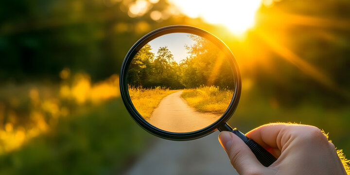 Hand Holding Magnifying Glass Showing a Scenic Sunset Path
