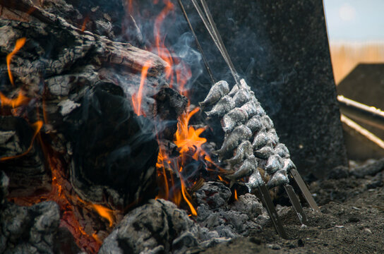 pescado fresco en brochetas de espeto cocinado sobre fuego de le&ntilde;a para freir sardinas