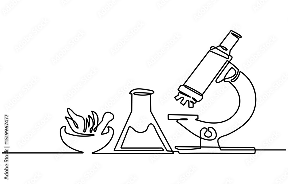 Poster continuous one line drawing of microscope and madical mortar. simple illustration of microscope labo