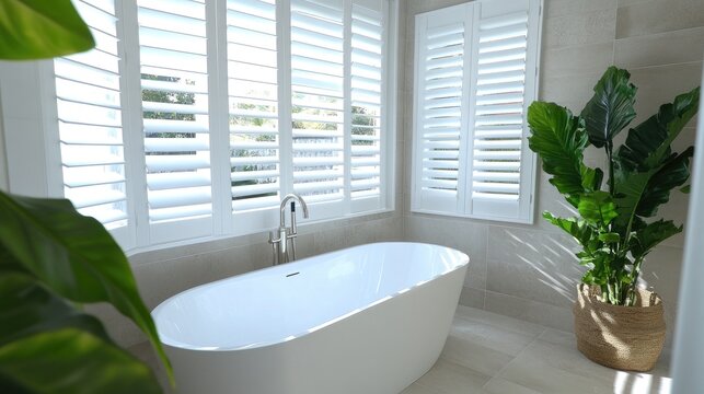 Bright and airy bathroom with white freestanding tub, sunlight streaming through plantation shutters