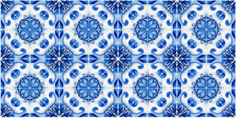 Vector decorative pattern blue and white design with frame or border. Baroque Vector mosaic. Traced watercolo. Capri Majolica