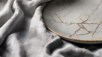 Close up of a cracked white plate with gold rim on a gray cloth with soft natural lighting used