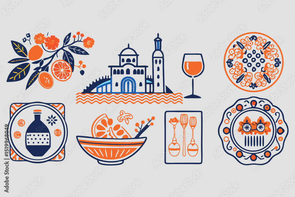 Poster bohemian style icon set hand drawn vector graphics
