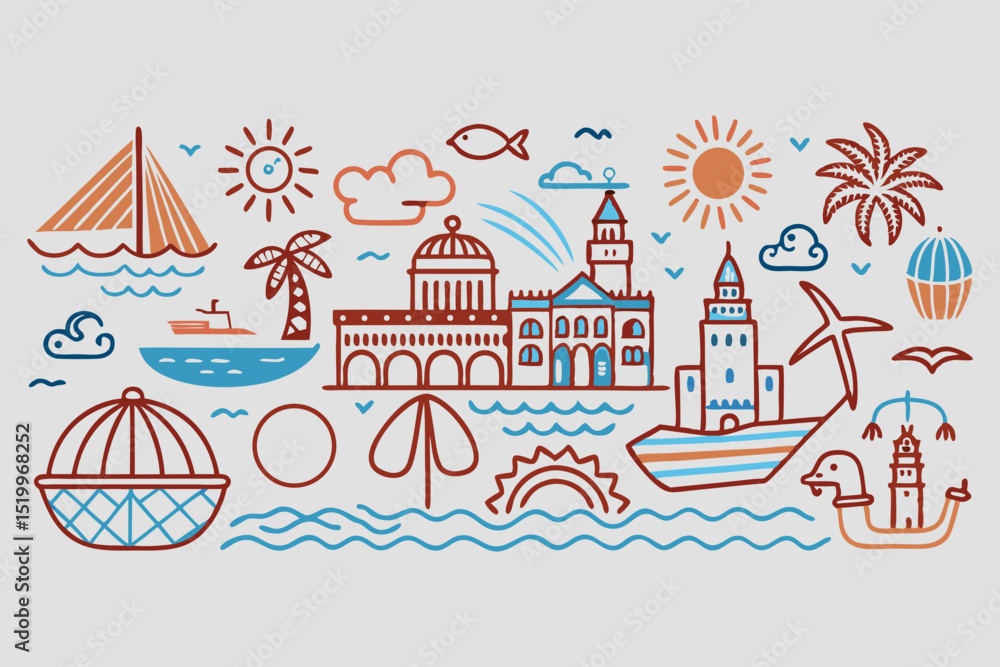 Poster bohemian style icon set hand drawn vector graphics