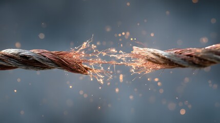 Close up of a frayed and broken cable showing strands of copper and silver against a grey background