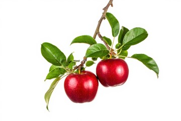 Two Red Apples on a Branch with Green Leaves