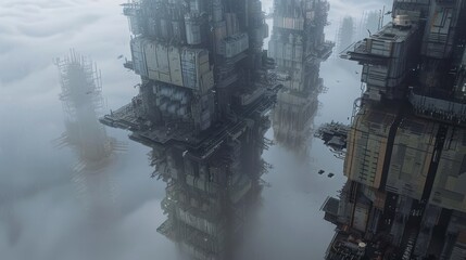 Reflective Metropolis, Futuristic Cityscape in Mist