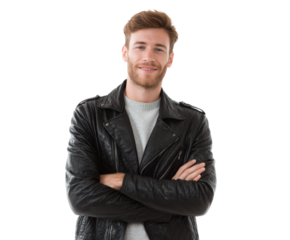 A stylish young man with a confident smile in a leather jacket.