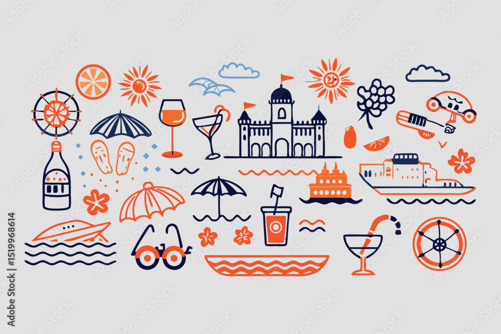 Poster bohemian style icon set hand drawn vector graphics