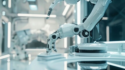 Futuristic Robotic Arm in a Modern Factory