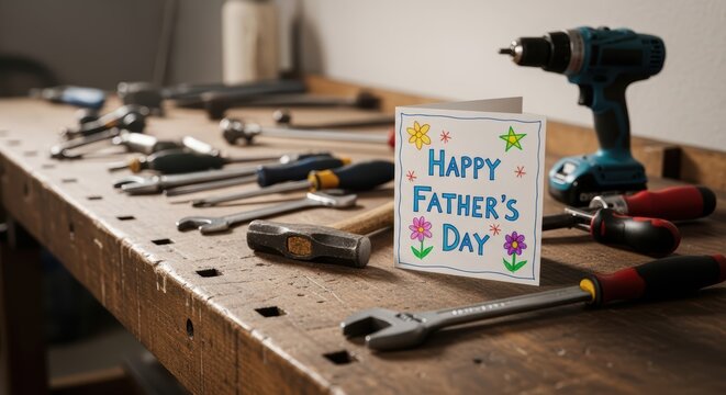 Happy Father's Day Card and Tools on Workbench