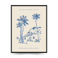 Editable vector poster with summer themes: beach, sea, sun, waves, umbrellas. Minimalist style, easy to customize, ideal for print, decor, and social media.