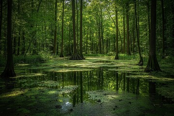 Obraz premium A dense forest of trees with green leaves and a body of water in the middle