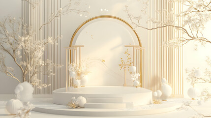 Elegant display podium with golden arch and floral decorations in a serene ambiance