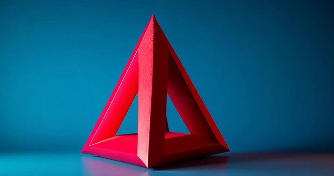 Static shot: A red Penrose triangle stands on a blue surface against a matching backdrop.