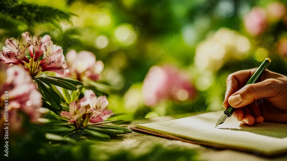 Poster a person is writing in a notebook while surrounded by flowers. the flowers are pink and green, and t