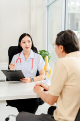 Obraz premium doctor who consults patients with osteoarthritis, arthritis, knee and joint pain, gout infection, tendon injuries, sprains or strains, torn cartilage, tendonitis, chronic stress, and knee muscle swell