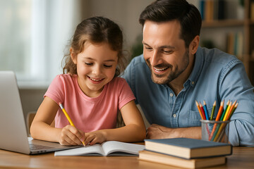 Father and daughter drawing together with colorful pencils at home in cozy evening light creating joyful early childhood memories through art and quality family time