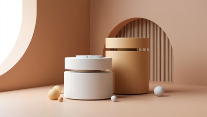 Beige and White Geometric Display Podiums with Spheres