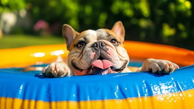 Cute Bulldog cooling off in a colorful kiddie pool during summertime heatwave weather