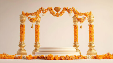 Elegant Indian wedding mandap adorned with vibrant marigold flowers and golden accents