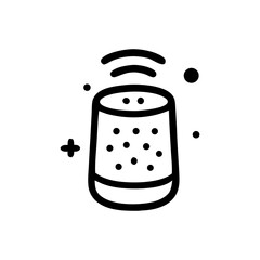Outline drawing of a smart speaker with radiating sound waves, representing voice assistant technology. Smart home concept