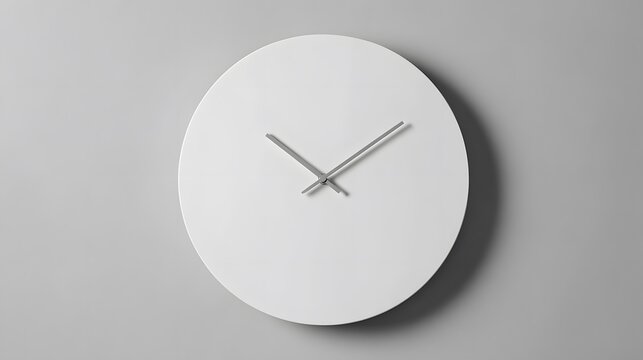 A minimalist white clock with silver hands on a gray wall showing the time in a clean and modern style