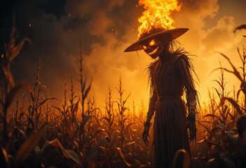 Flaming Jack-o’-Lantern Scarecrow in Dark Cornfield – Halloween