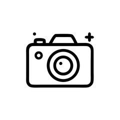 Outline drawing of a digital camera icon with a prominent lens, symbolizing photography and visual content. Photography technology concept