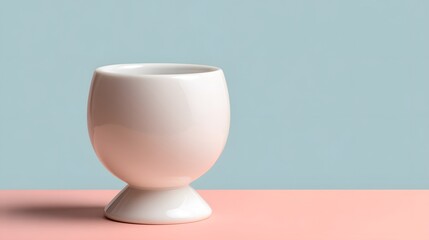 A white ceramic egg cup on a pink surface against a light blue background in a studio setting
