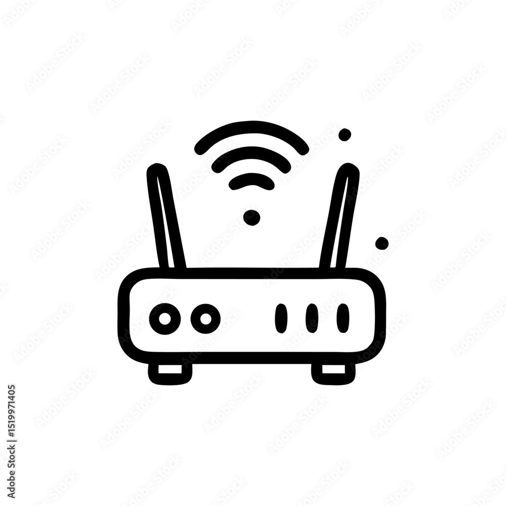 Poster outline drawing of a wireless router with radiating wi-fi signals, representing internet connectivit