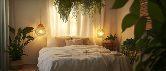 A chic bedroom with custom lighting, contemporary dcor, and natural elements like plants and wood