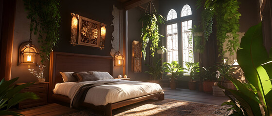 A chic bedroom with custom lighting, contemporary dcor, and natural elements like plants and wood