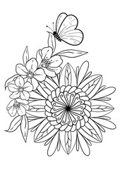 Butterflies animals and Flowers Mandala Coloring Page – Hand-drawn Line Art for Kids and Adults