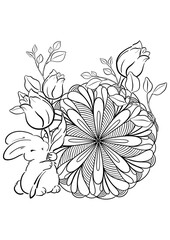 Butterflies animals and Flowers Mandala Coloring Page – Hand-drawn Line Art for Kids and Adults