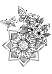 Butterflies animals and Flowers Mandala Coloring Page – Hand-drawn Line Art for Kids and Adults