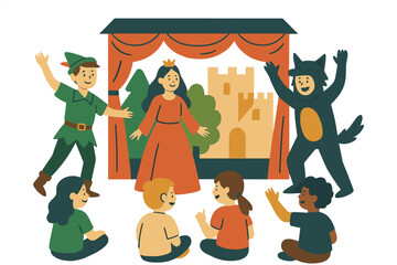 Theatrical outdoor performance for kids featuring actors in costume presenting a play or fairytale to an audience, set in a street theatre context, depicted in a vector illustration with a flat