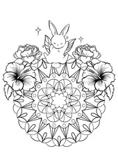 Butterflies animals and Flowers Mandala Coloring Page – Hand-drawn Line Art for Kids and Adults