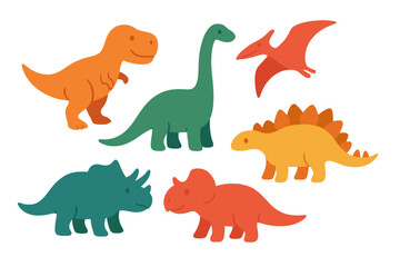 Vector silhouettes of dinosaurs, including T-rex, Brachiosaurus, Pterodactyl, Triceratops, and Stegosaurus, are depicted in a cute flat style and isolated