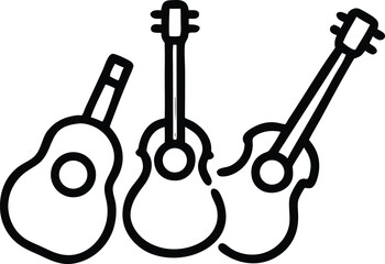 Assortment of black silhouette stringed musical instruments with guitars and banjo design