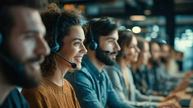 A group of smiling customer service representatives wearing headsets work together in a modern office.