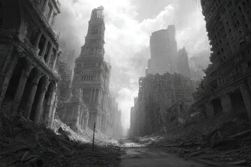Obraz premium Ruined post apocalyptic cityscape in black and white grayscale