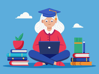 Flat design illustration of senior woman learning online with laptop and study materials