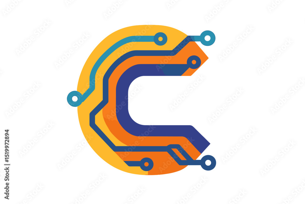 Poster template for a futuristic logo with abstract tech circuit board and the letter c as its initial