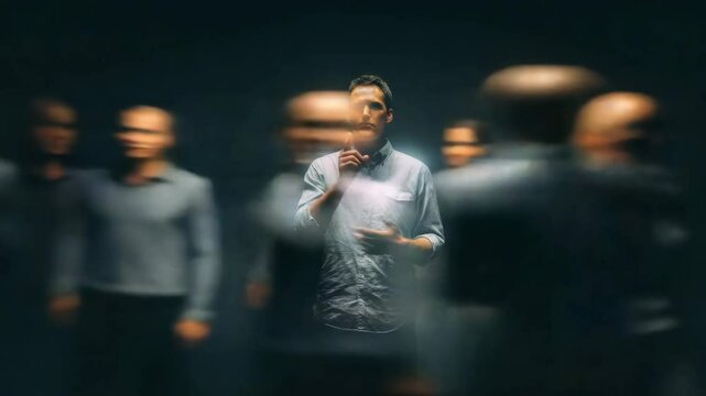 A man stands in sharp focus amidst blurred figures, suggesting isolation or focus in a chaotic environment.