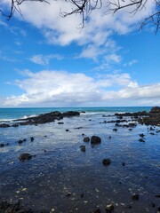 a serene tropical landscape, ocean view, palm trees, lush greenery and distant mountains frame the scene, adding depth and contrast. The shoreline is lined with volcanic black rock