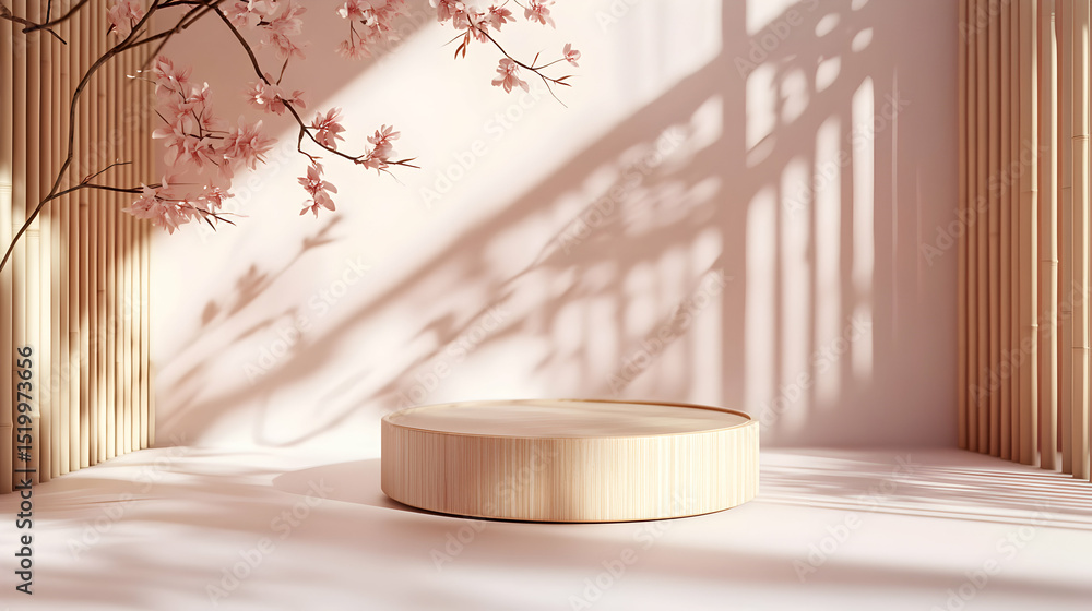 Poster elegant product display platform with cherry blossom and soft sunlight backdrop