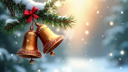 slow motion сhristmas bells adorned with a bow hanging on a snowy pine branch 