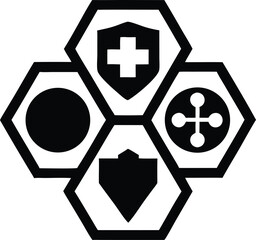 Black silhouette design composed of connected hexagonal shapes with transparency