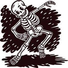 Dancing human skeleton sketch in expressive pose with bold black shadow, vintage hand drawn illustration
